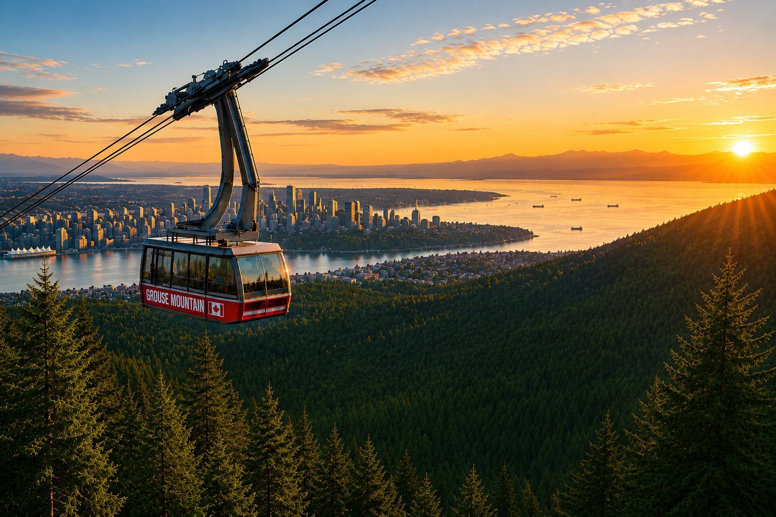 Vancouver and the harbour at sunset, seen from Grouse Mountain